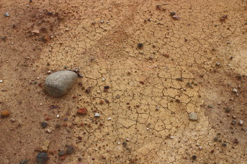 Closeup view of dried cracked dirt ground with gravel in desert environment in drought in dry climate