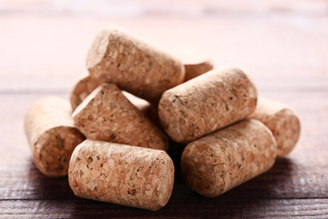 Wine corks on brown wooden table