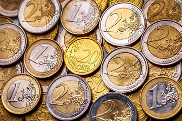 Background of Euro coins money.United kingdom Pound coin.US coins.Group of coins