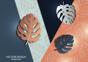 Abstract background, exotic monstera leaves on a bright geometric background. Template with place for text.
