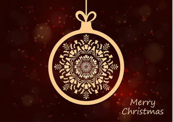 Abstract christmas ball, inside creative snowflake ornament on dark glare background.