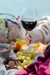 Authentic autumn picnic in Paris, France. Pure inspiration, city lifestyle, cozy mood, bright colors. Young girl is holding glass of red wine. Fruits and rustic decor on background. Red scarf