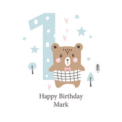 Second birthday greetings card with a cute bear. Kids party with animals. Vector