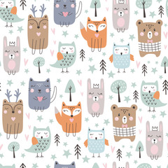 Seamless pattern with cute forest animals. Hand drawn style. Vector