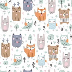 Garden poster Little deer Seamless pattern with cute forest animals. Hand drawn style. Vector
