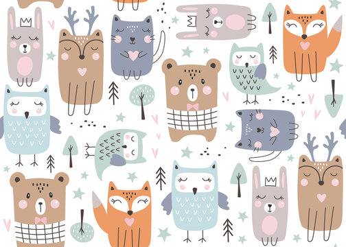 Seamless pattern with cute forest animals. Hand drawn style. Vector