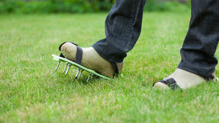 wearing spiked lawn revitalizing aerating shoes, gardening concept