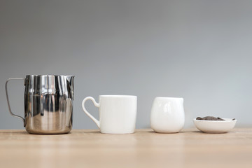 Set of dishes for a coffee shop on a bar counter
