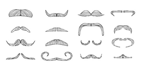 Set of isolated doodle style moustache sketch in vector