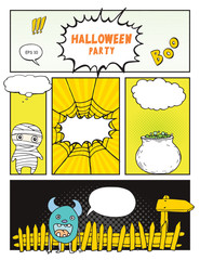 Halloween party invitation, mock up comic book with empty speech bubbles and cute monsters