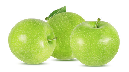 Fresh green apples with leaf isolated on white background with clipping path