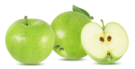 Fresh green apples with leaf isolated on white background with clipping path