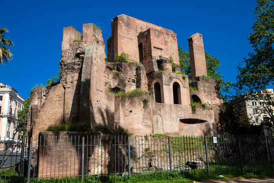 Ruins of an antique monumental fountain called Trofei di Mario built in 226 AD and  located at Piazza Vittorio Emanuele II in Rome