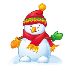 Cartoon Snowman with hat, scarf and mittens. Christmas and New Year character. Vector illustration on a white background.