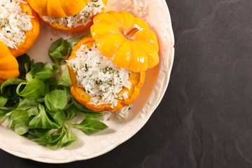 pumpkin cooked with rice and salad