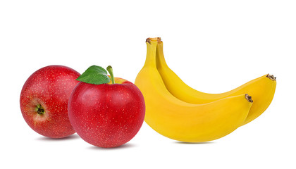 Fresh bananas and red apples isolated on white background with clipping path