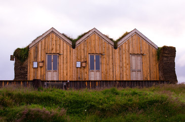 Traditional Icelandic houses with grass roof in Iceland. Europe.