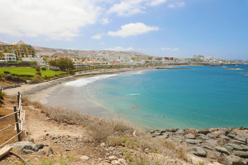 TENERIFE, SPAIN - MAY 28, 2019: Playa de Fanabe beach on Adeje Coast, Tenerife.