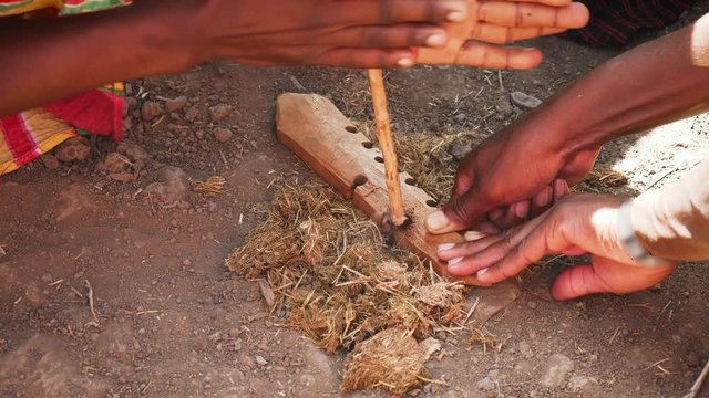 Production Of Fire In Traditional Way Hand Drill Friction Sticks African Tribes