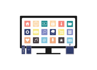 Smart TV with set of icons internet, PC, media. 4K Ultra HD Modern Curved Screen TV with remote control, television multimedia box and smartphone on white background. Vector flat stock illustration