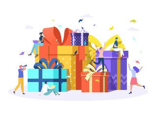 Group of happy people with pile of big gift box, online reward, man give a present to woman vector illustration concept, can use for, landing page, template, ui, web, homepage, poster, banner, flyer