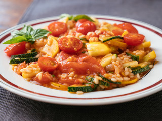Plate with a home made zucchini and tomato risotto.