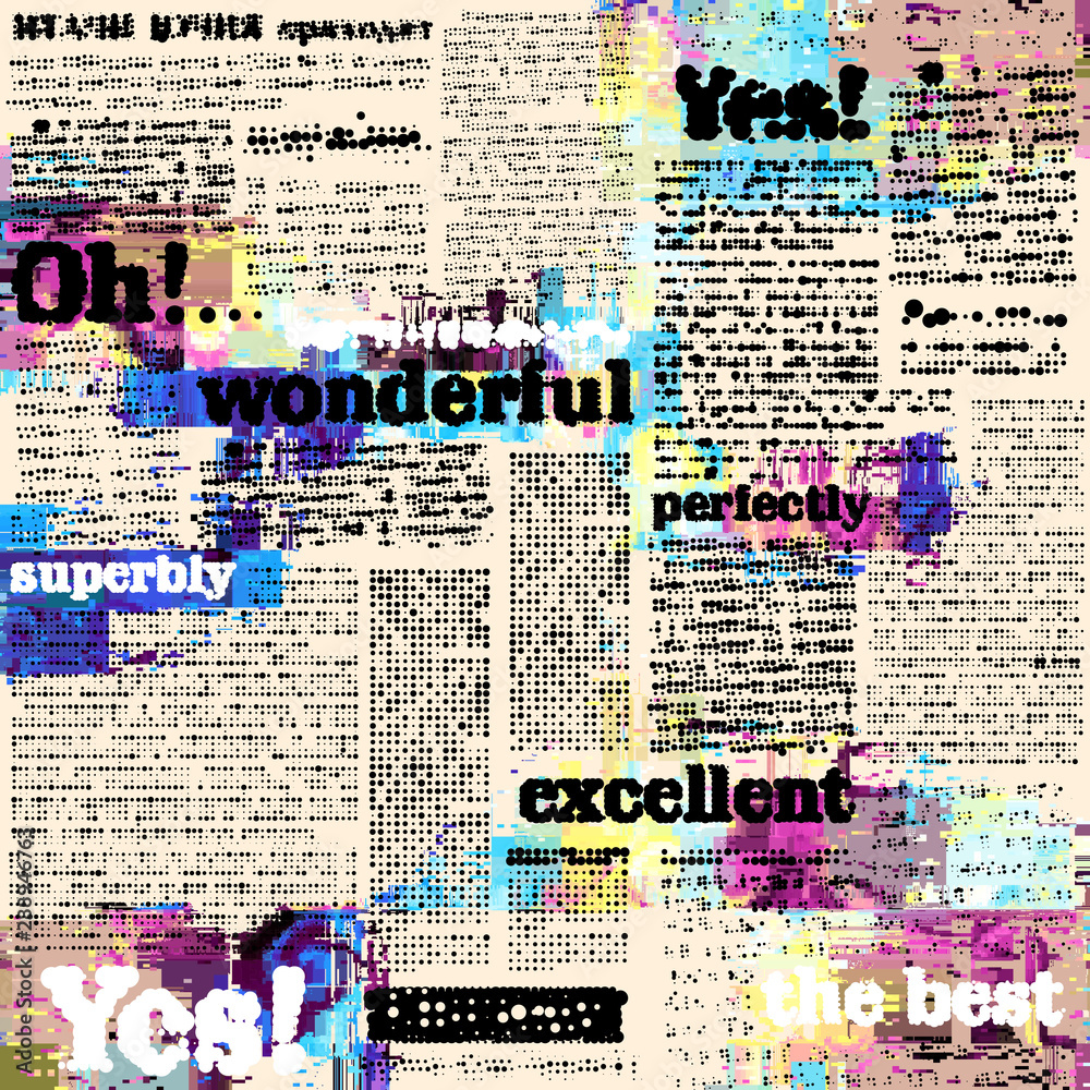 Aufkleber seamless background pattern. imitation of halftone newspaper with worlds wonderful, exellent and yes