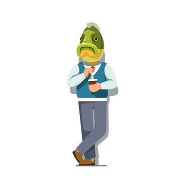 Business Man With Fish Head Standing With Tea Cup