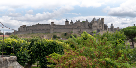 Fototapeta na wymiar Panoramic view at Old City of Carcassonne Aude France in web banner template header