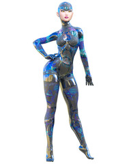 Cyborg Woman futuristic metallic neon suit.