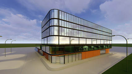 3D project of a multi-storey business center. Summer day blue sky with clouds.