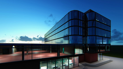 Fototapeta na wymiar 3D project of a multi-storey business center. Summer evening .