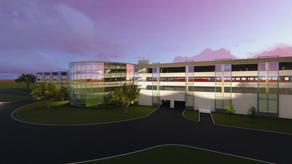 3D project of a multi-storey parking center with service centers. In the blue sky on a summer day.
