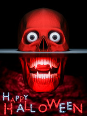 Happy Halloween background - front view of skull with eyes in red colors on black - 3d render