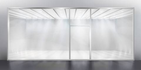 Exhibition in a shopping gallery. Empty shop window. Place for exhibition. Vector illustration.