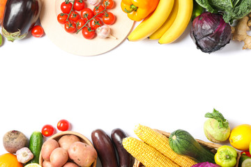 Composition with ripe vegetables and fruits isolated. Top view
