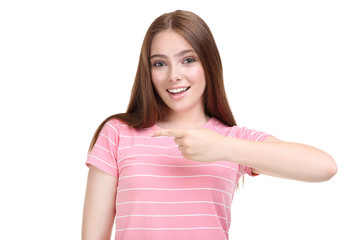 Fototapeta premium Young woman in pink t-shirt on white background