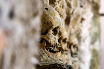 Skulls inside of the Skull Tower in Nis, Serbia
