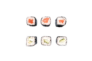 The concept of Japanese cuisine. Sushi delivery concept. Sushi, rolls with salmon, cucumber. White isolated background