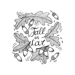 Fall in love lettering. Acorns and oak leaves. Hand drawn coloring page. Hand drawn vector illustration.