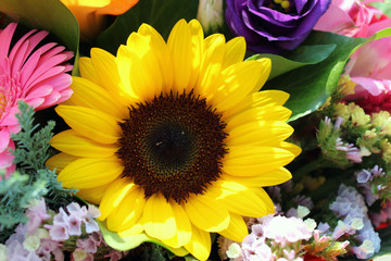 Colorful mixed bouquet with sunflower close up