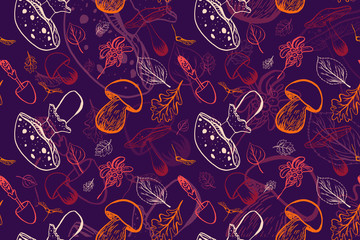 Hand drawn autumn pattern with leaves, mushrooms and berries on purple background
