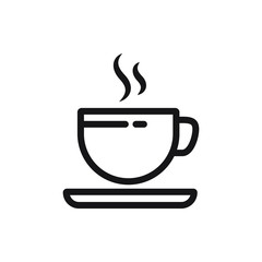 Cup of coffee or tea with steam, vector  line icon black on white
