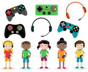 Vector Set of Gamer Themed Controllers and Headphones and Gamer Kids