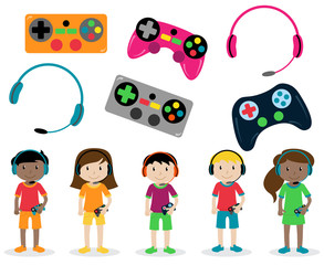 Vector Set of Gamer Themed Controllers and Headphones and Gamer Kids