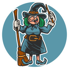 witch cartoon character holding her broom and wand vector illustration
