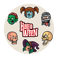 halloween character heads sticker vector pack 