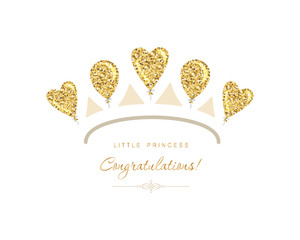 Gold tiara icon made of glitter balloons. Cute template for girls birthday, baby shower celebration. Isolated. Vector