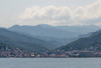 Fototapeta premium September 21,2019: view of the sea and the center of Puerto Vallarta, malecon Puerto Vallarta, Bay of flags