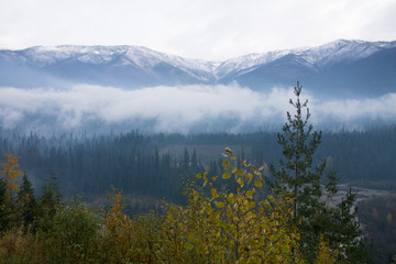 foggy mountain range in yoho national park, Canada in fall foliage